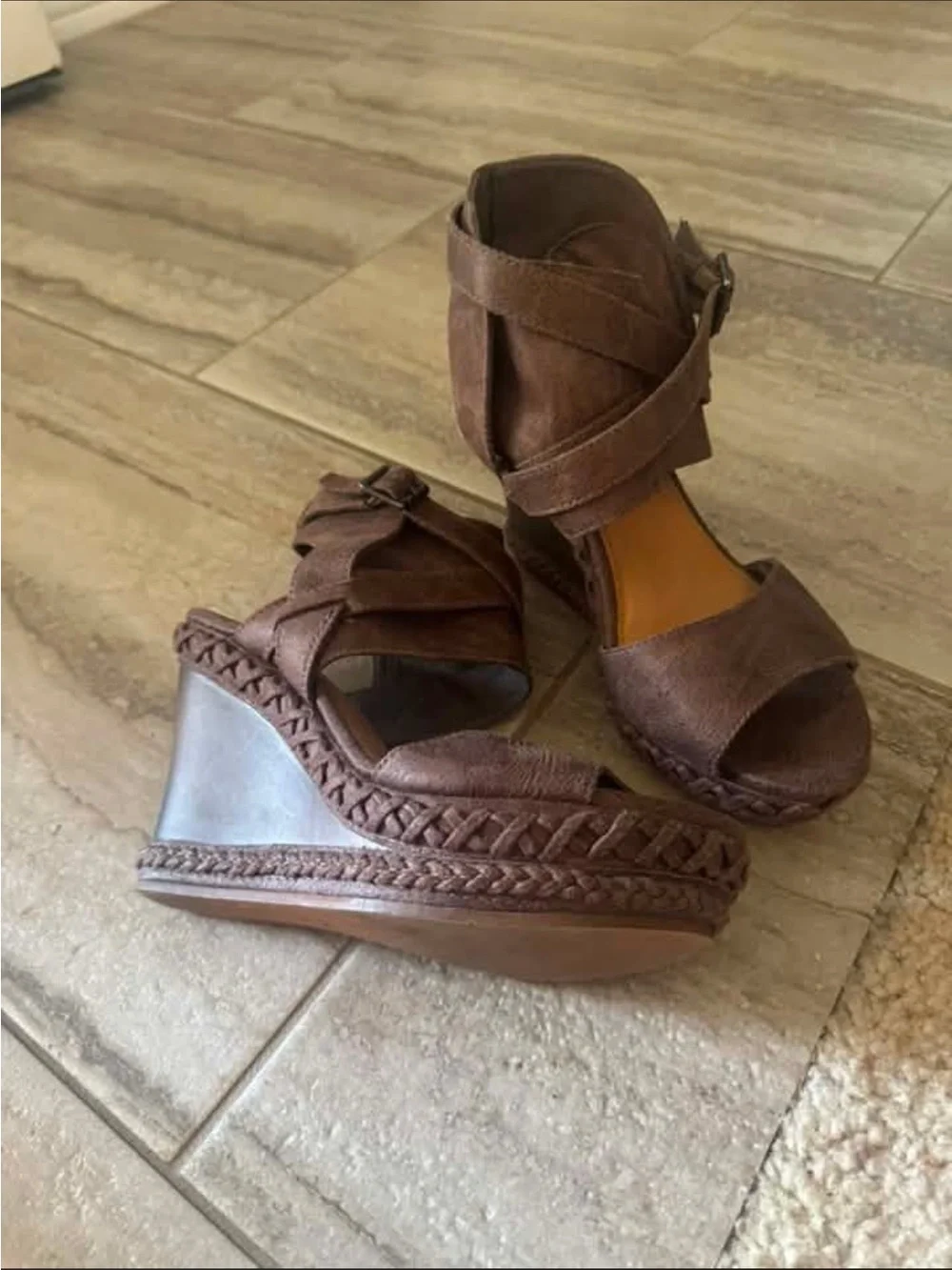 Women's Brown Wedge Sandals with Ankle Strap